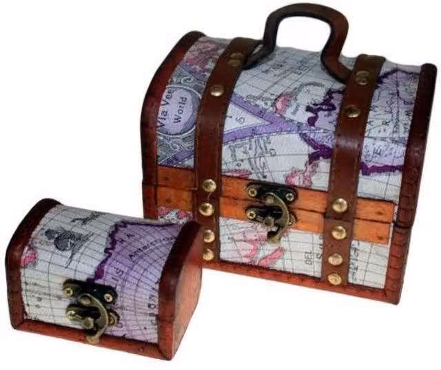 Set of 2 KDMK Vintage Colonial Atlas Wood Boxes with Brass Fittings in Multicolour and Yellow