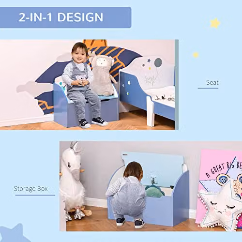 HOMCOM Kids Wooden Toy Box Storage Bench with Soft Close Lid in Blue, W/D/H: 50 x 30 x 30 cm – 3