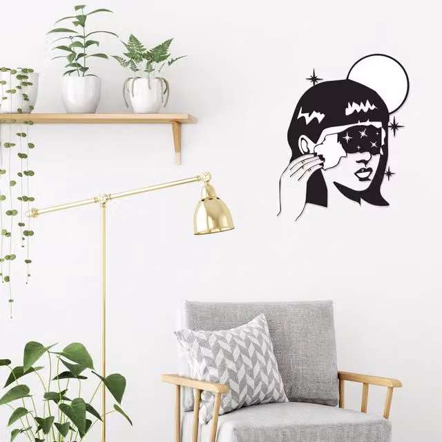 Decortie Space Girl Metal Wall Art Decorative Object, Black, H 60 cm x W 60 cm x D 1 cm