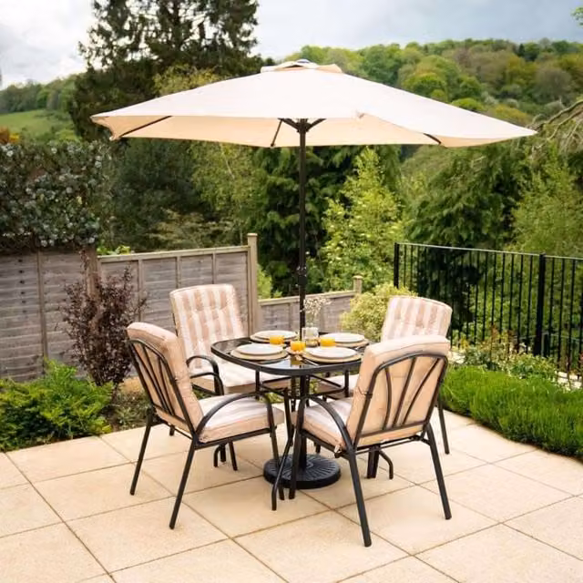 Primrose 4 Seater Garden Furniture Dining Set with Tempered Glass Table and Striped Parasol in Beige and Yellow