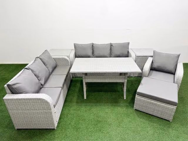 Fimous 8 Seater Poly Rattan Outdoor Garden Furniture Set in Grey with Rectangular Glass Dining Table, 3 Seater Sofa and Reclining Chairs