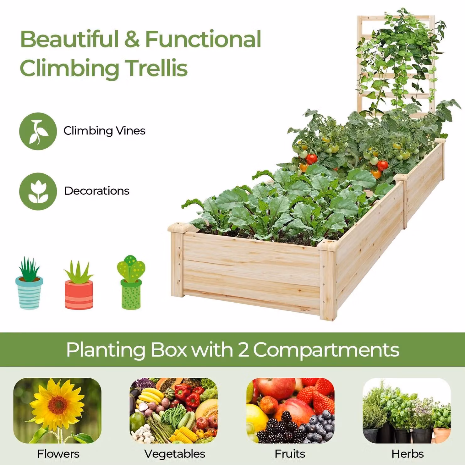 Costway Wooden Raised Garden Bed with Planter Box and Trellis in Natural Brown – 4