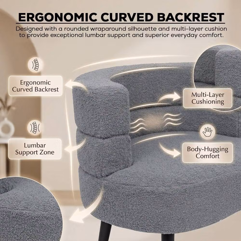 Alivio Grey Bouclé Fabric Accent Chair with Curved Backrest and Solid Wood Legs – 2
