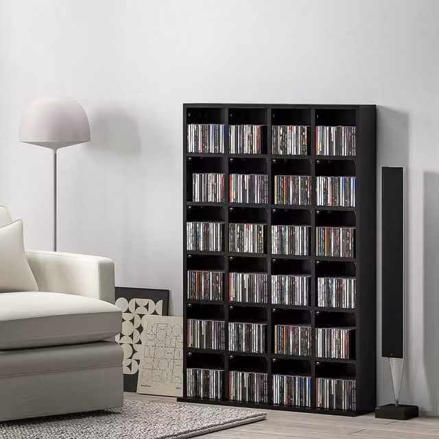 HOMCOM Modern DVD and CD Media Storage Rack with Adjustable Shelves, Black and Natural