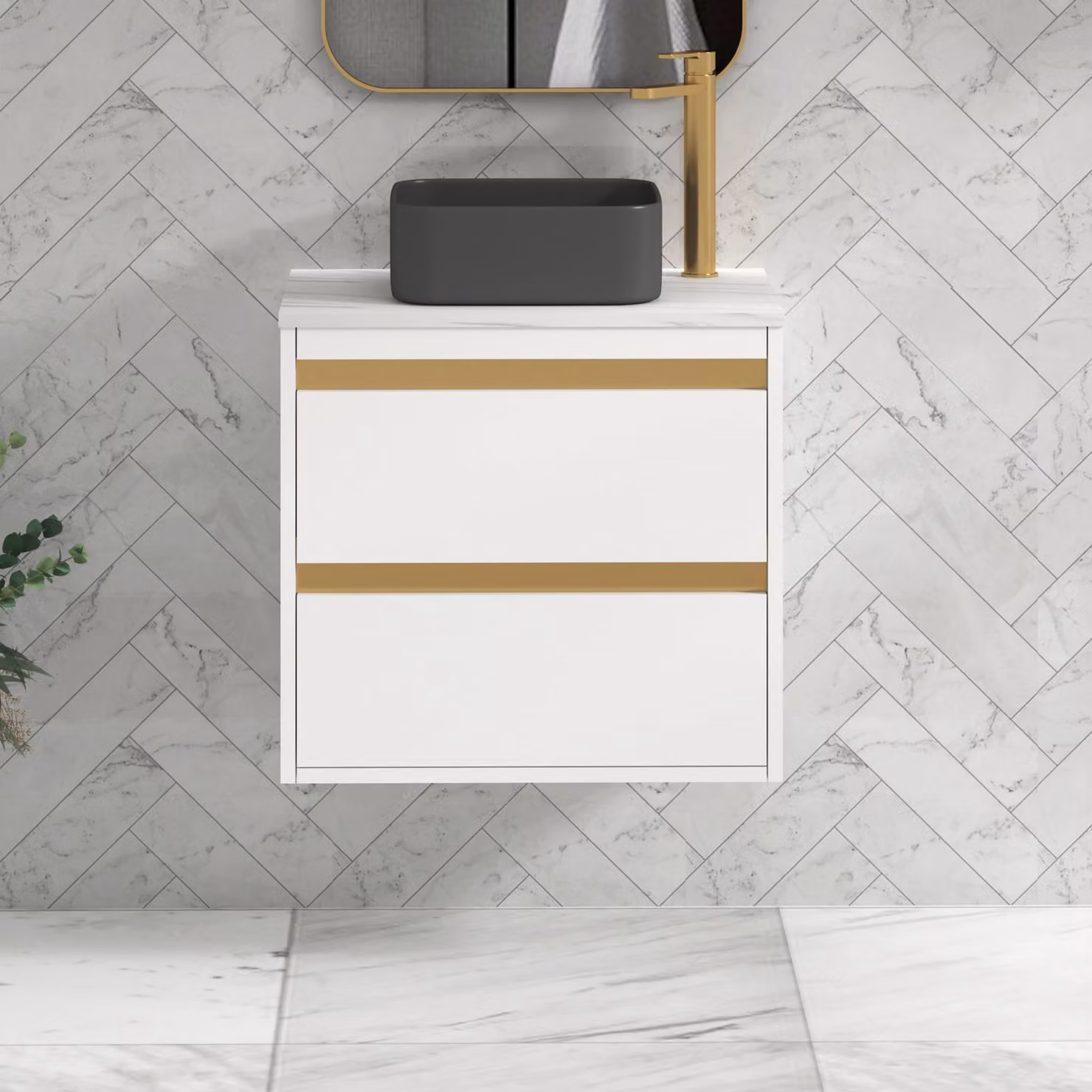 Royal Bathrooms Orion 800mm Matt White Wall Hung Vanity Unit with 2 Drawers, Art Square Basin and Brushed Brass Accent Trim