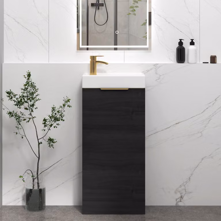 Royal Bathrooms Como 400mm Floor Standing Cloakroom Vanity Unit Basin with 1 Door in Hale Black and Brushed Brass Handle