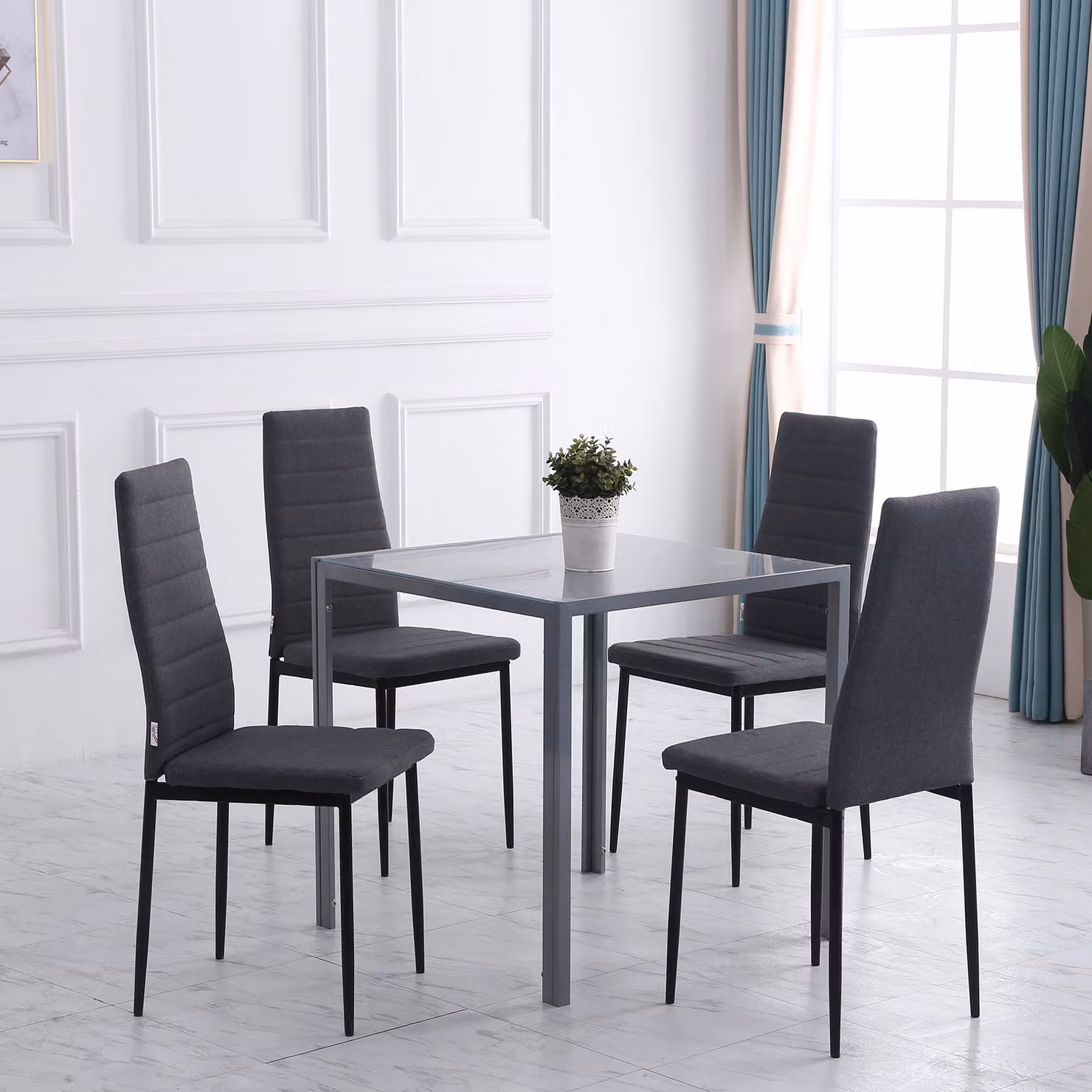 HOMCOM Set of 4 Grey Linen Upholstered Dining Chairs with Padded Seats and Metal Legs – 2