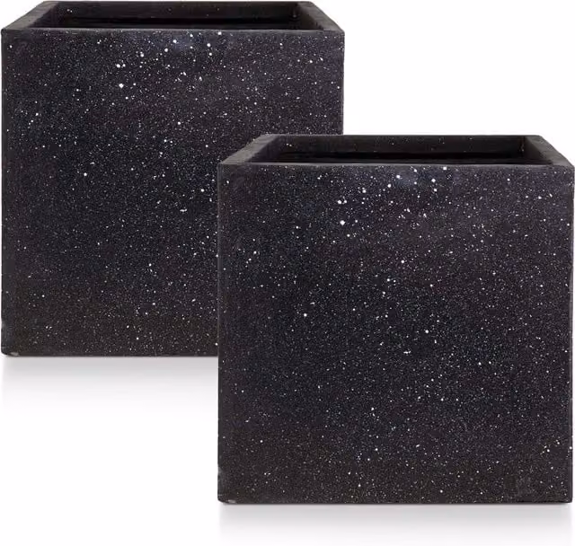 Idealist Set of 2 Square Planters in Black Terrazzo Stone and Ceramic
