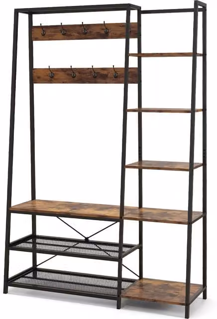 Costway Industrial Hall Tree with Bench and Coat Stand in Black and Brown