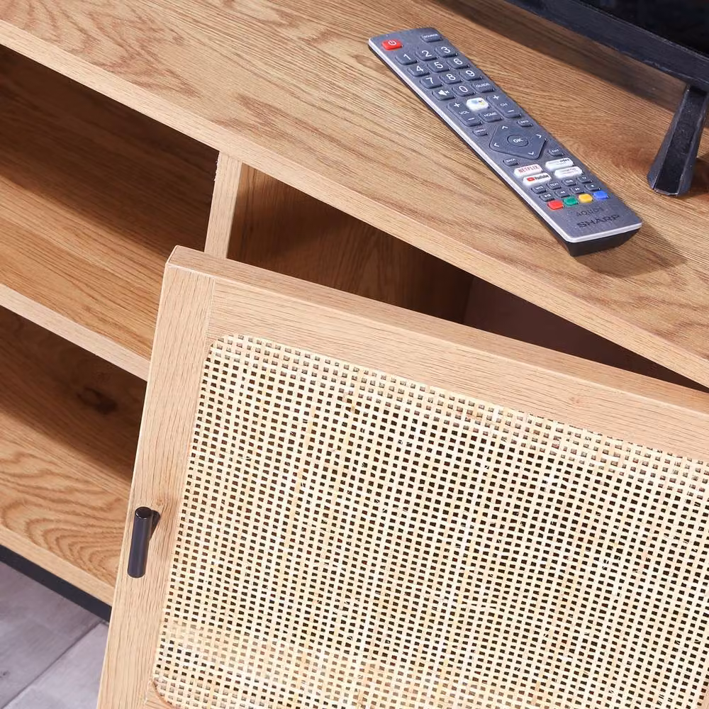 CALICOSY JAYA 2-Door TV Stand with Rattan Cane and 2 Shelves, Light Brown, W: 120 cm, D: 39 cm, H: 51 cm – 4