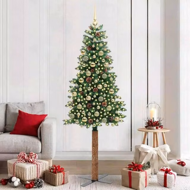 Berkfield Home Slim Green Christmas Tree, Height: 210 cm, PVC and Solid Pine Wood