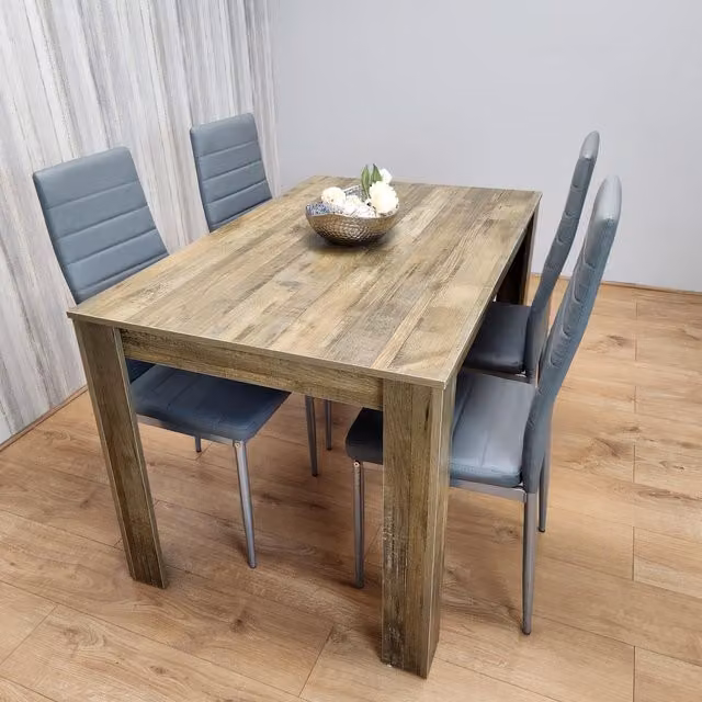 Kosy Koala Dining Room Set with Rustic Effect Rectangular Table and 4 Grey Faux Leather Chairs – 1
