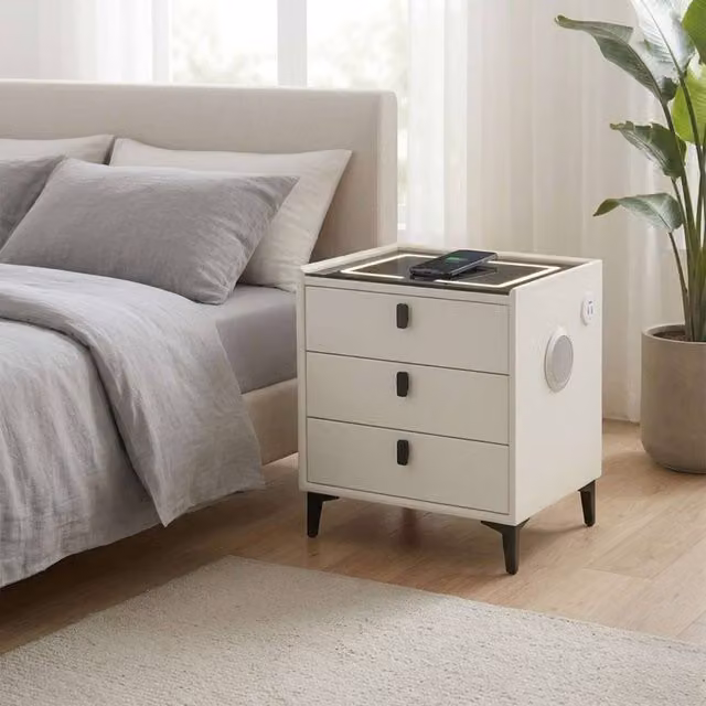 MN Furniture Modern Bedside Table with Integrated LED Lighting in White and Grey – 1