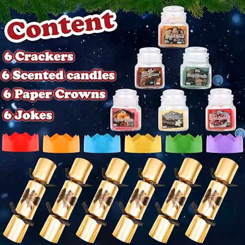 KreativeKraft Luxury Christmas Crackers, Pack of 6 Gold Glass and Multicolour Festive Party Crackers with Mini Scented Candles – 6
