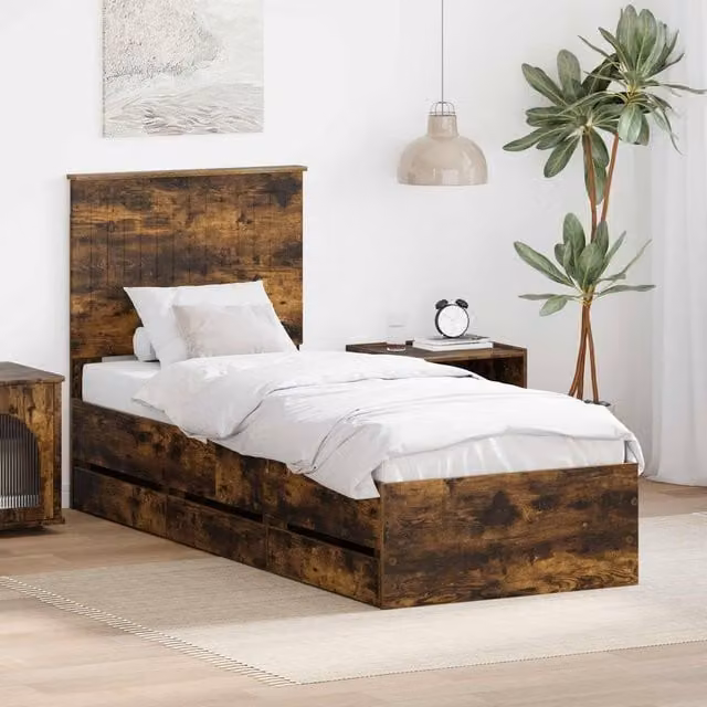 Berkfield Home Modern Bed Frame with Drawer in Smoked Oak Brown, W: 75 cm, L: 190 cm – 1