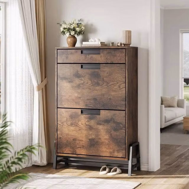 KORVIXA Brown Rustic Oak Tilt-out Shoe Cabinet with Drawers, W/D/H: 100 x 100 x 100 cm