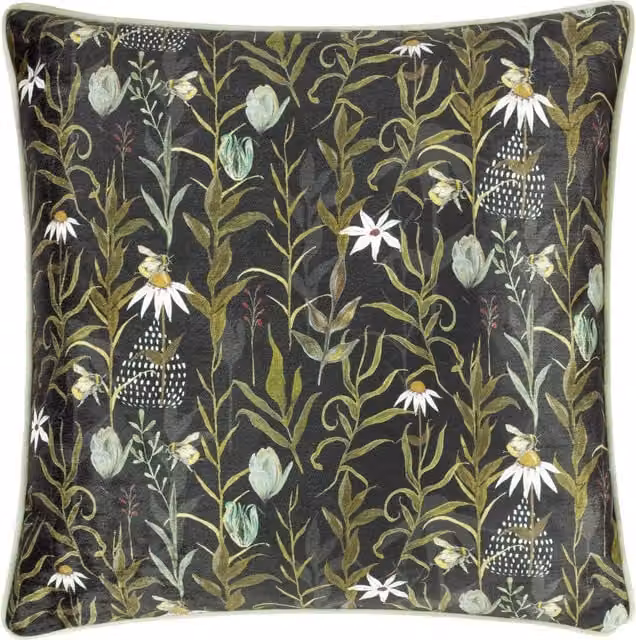 Wylder Nature Meadow Bloom Floral Printed Chenille Square Cushion in Multicolour and Green