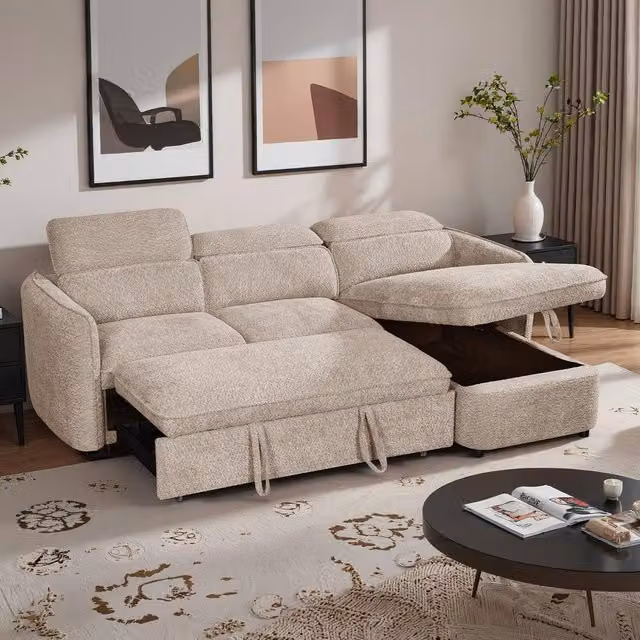 Furnishings For Less UK Ria L Shaped 4 Seater Fabric Corner Sofa Bed in Beige with Adjustable Headrests and Pull Out Frame