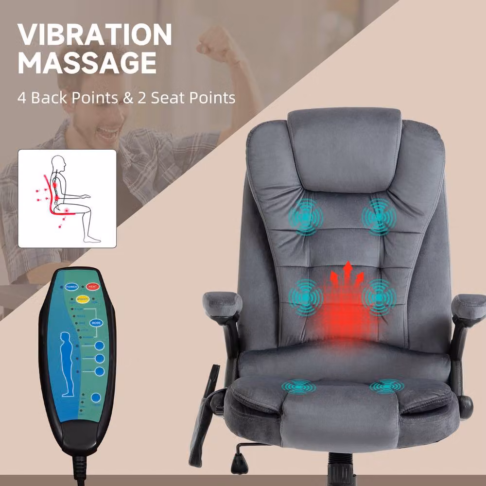 Rolipo Heated 6-Point Massage Reclining Velvet-Feel Office Chair in Grey – 6