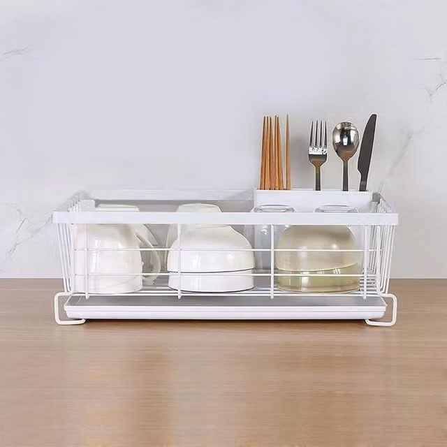 FORGEVIO White Coated Steel Dish Drainer Rack with Cutlery and Cup Holder