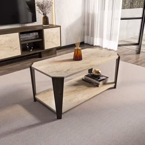 DECOROTIKA Monaco Modern Rectangular Coffee Table in Walnut and Travertine, W/D/H: 90 x 47.5 x 40 cm – 3