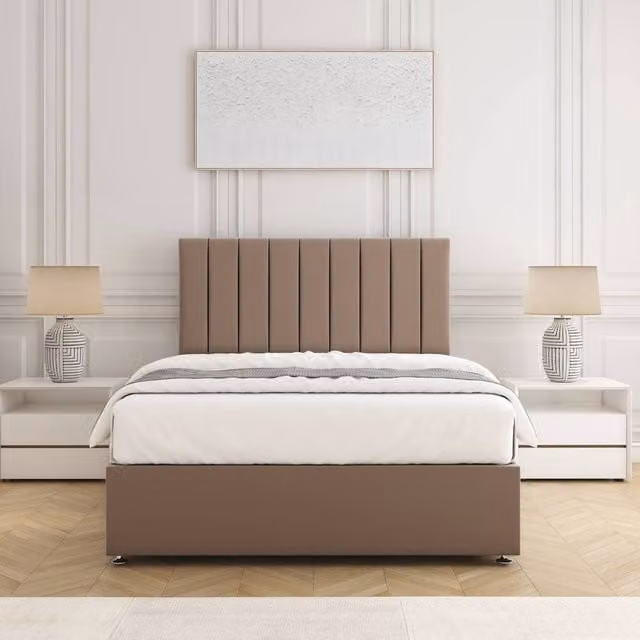 BSSPOKE Aria Divan Bed Set with 24 inch Headboard and Mattress in Beige Plush Velvet, Size: Single (W/D: 90 x 190 cm)