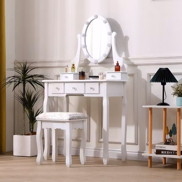 Komore Modern White Makeup Vanity Desk with Mirror and Stool, Width: 141.5 cm