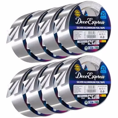 Deco Express Silver Aluminium Foil Insulation Tape, Width: 4.5 cm, 8 Rolls of 25 m