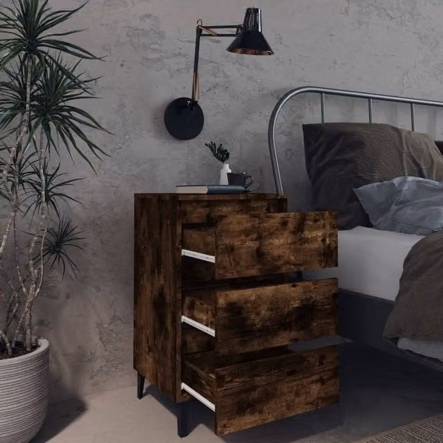 Berkfield Home Sturdy Bed Cabinet in Smoked Oak Brown with Metal Legs W/D/H: 40 x 35 x 69 cm