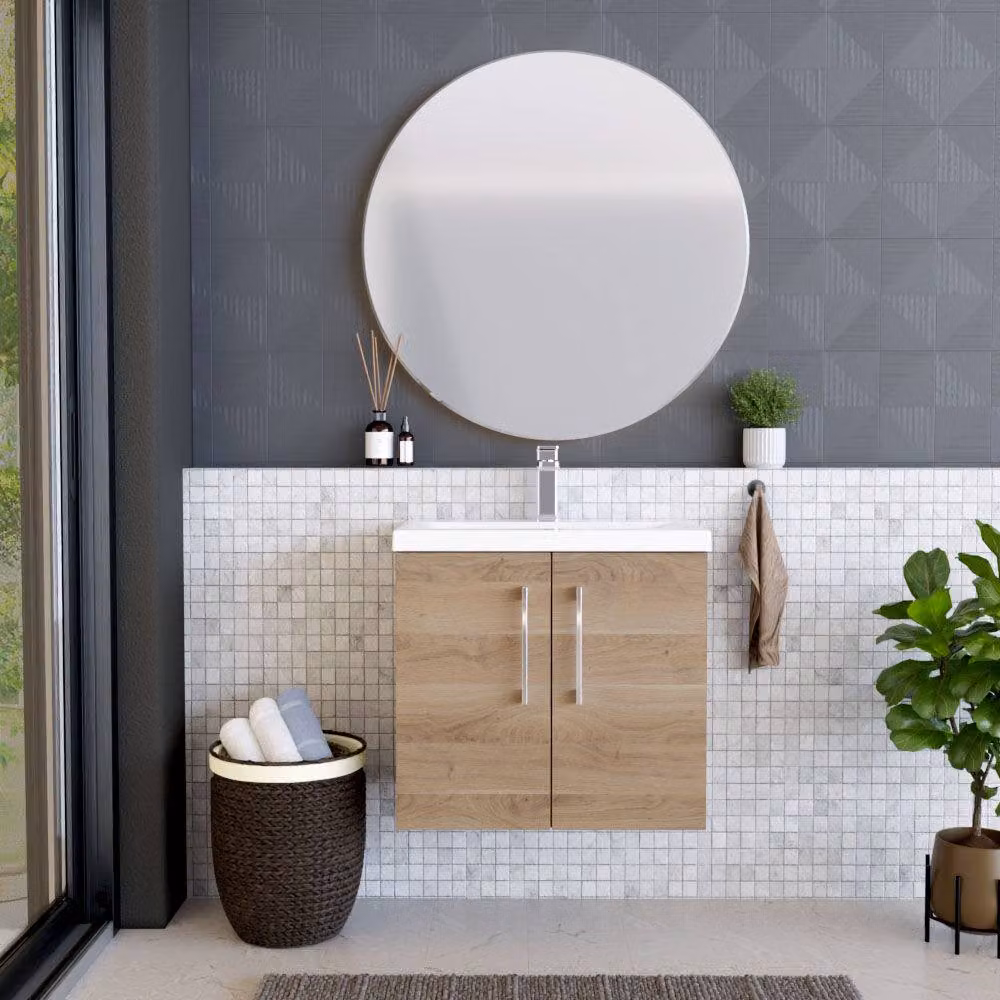 Balterley Contemporary Wall Hung Bathroom Vanity Unit with Mid-Edge Ceramic Basin, Bleached Oak, W: 60 cm, D: 39 cm, H: 61 cm – 2