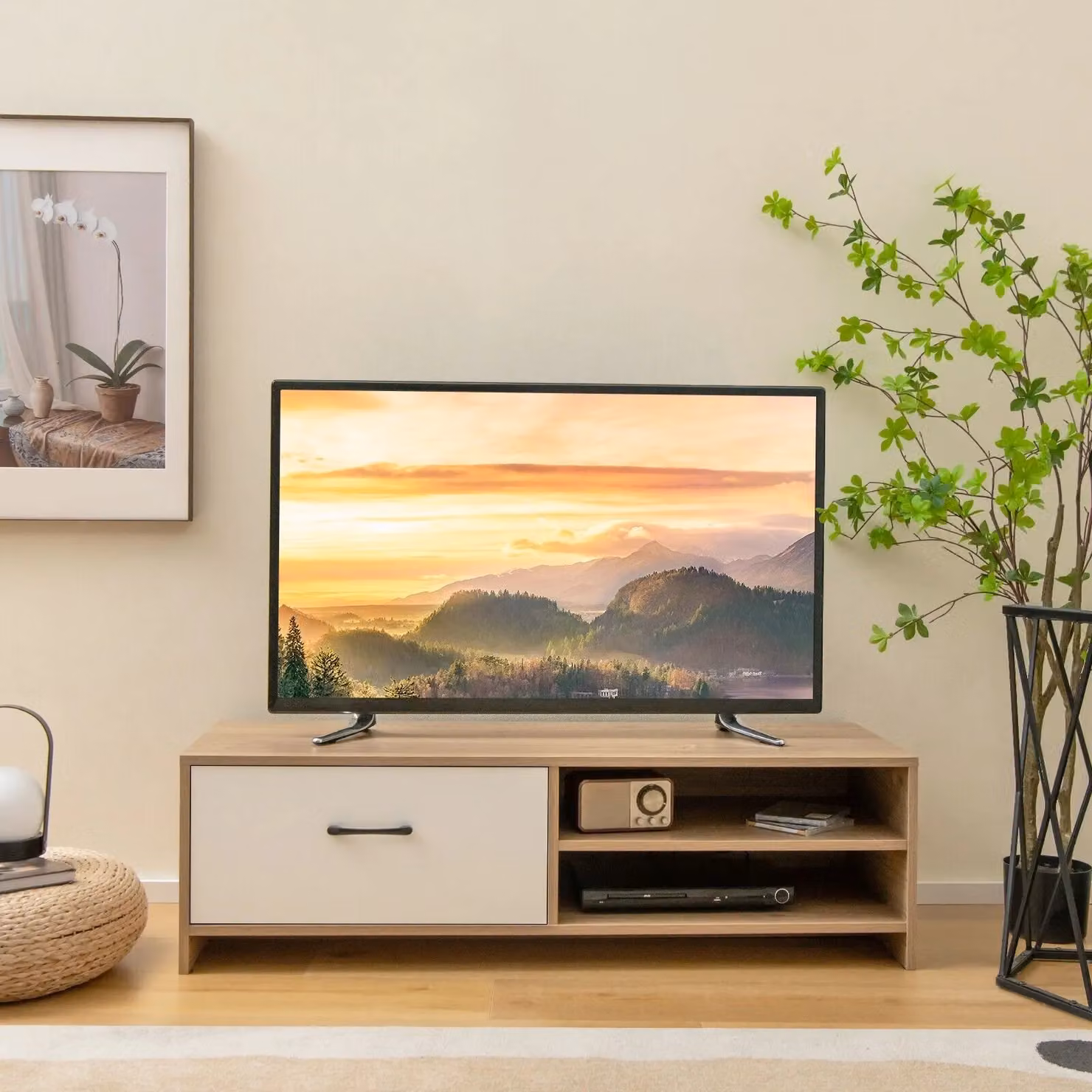 Costway Wooden TV Stand for up to 55 Inch TVs with 2 Open Shelves and 1 Drawer in Natural – 3