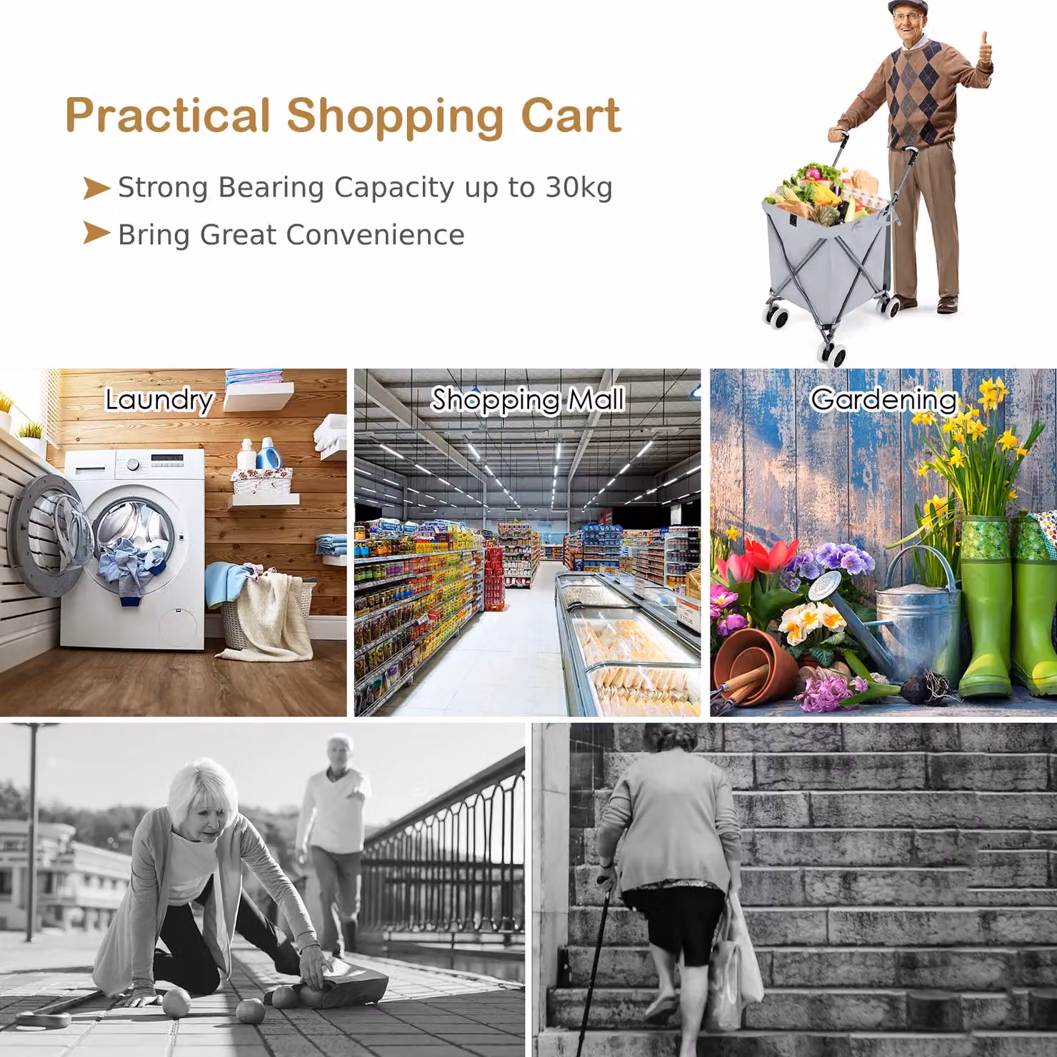 Gymax 90L Folding Lightweight Grocery and Utility Shopping Cart, Grey – 5