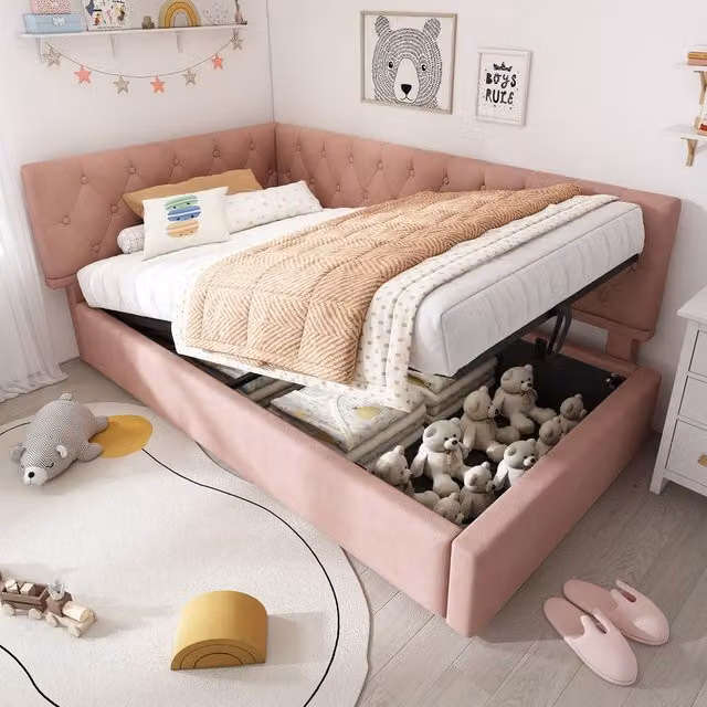 Merax L Shaped Single Sofa Daybed with Hydraulic Storage, Pink, W/D/H: 190 x 90 x 77 cm