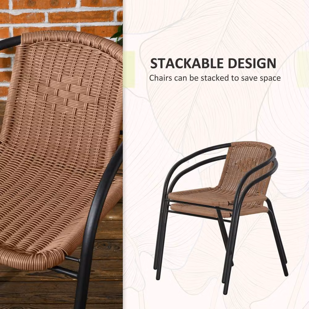 Outsunny 3 Piece Rattan Bistro Set with Round Glass Table and 2 Chairs, Brown – 8