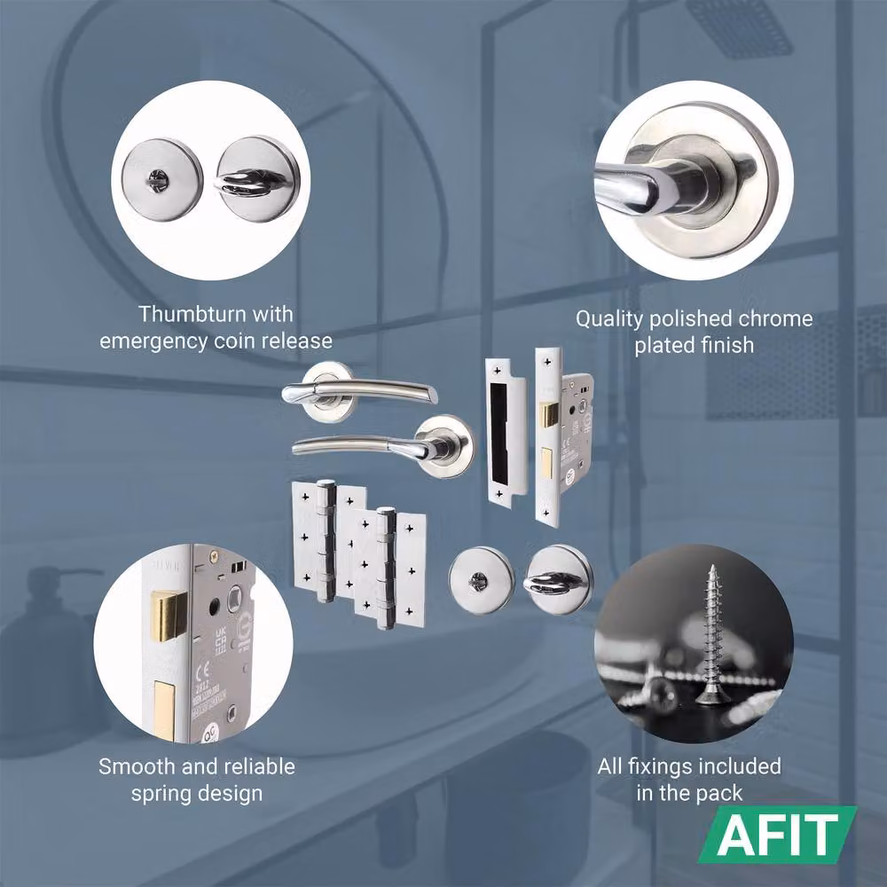 AFIT Chrome Bathroom Door Handle and Satin Nickel Lever Lock Hinges Set, Silver, 2 Pack – 2