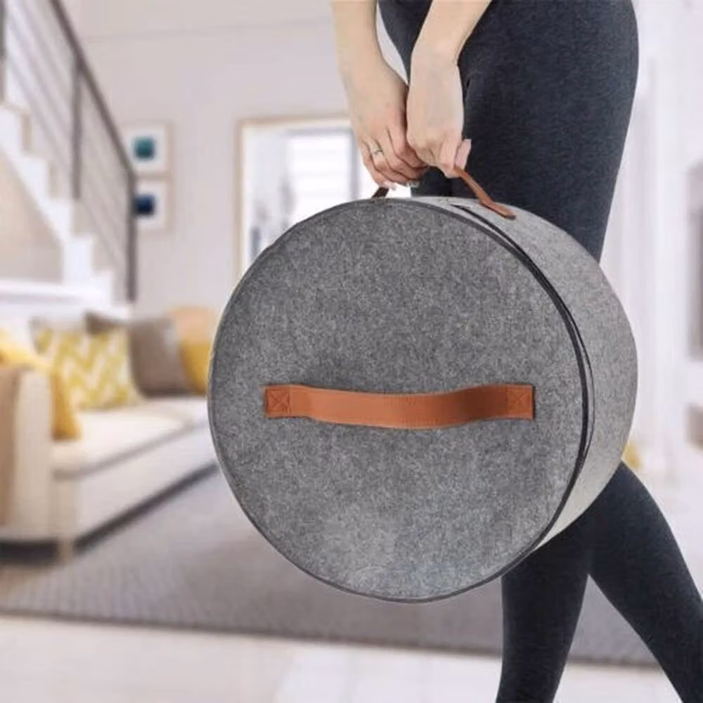 KORVIXA Round Hat Storage Box in Grey, Foldable Fabric Organiser with Handles, Diameter: 80 cm – 3