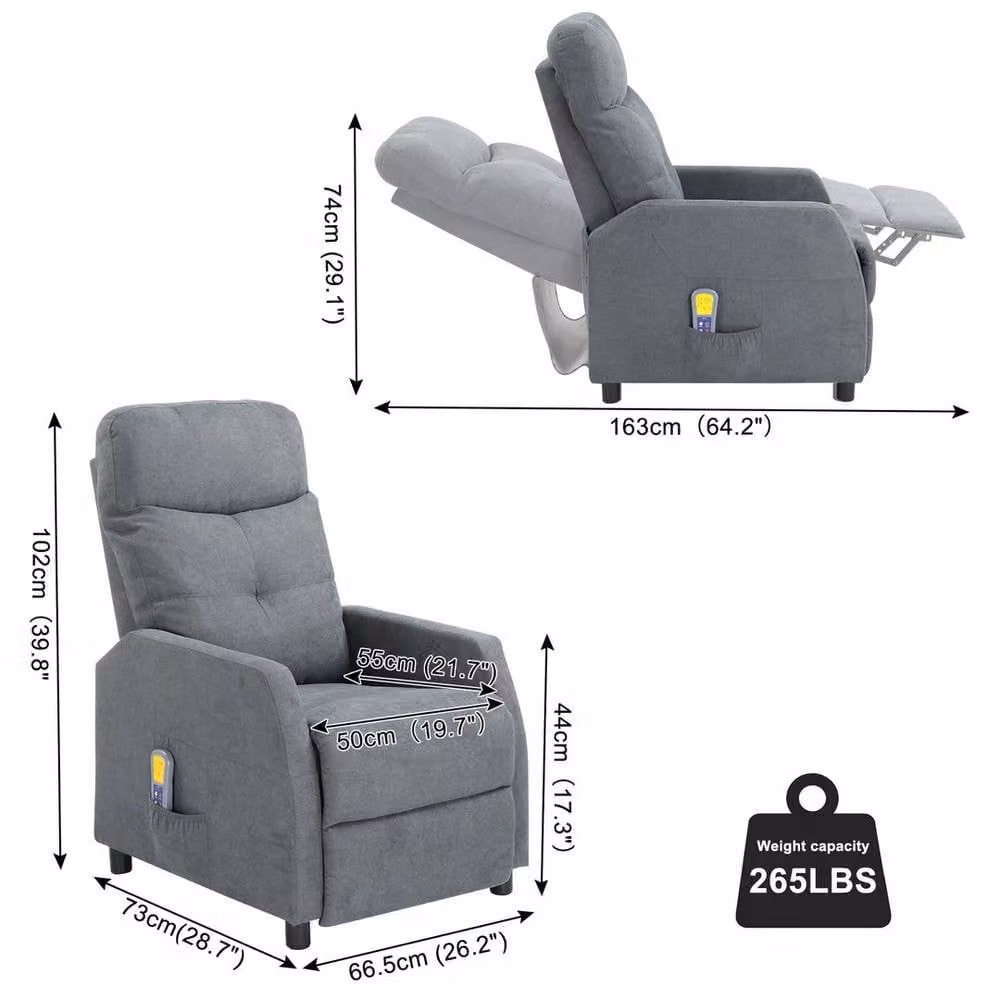 KORVIXA Grey Reclining Massage Sofa Armchair with 6 Points, W/D/H: 100 x 100 x 100 cm – 2