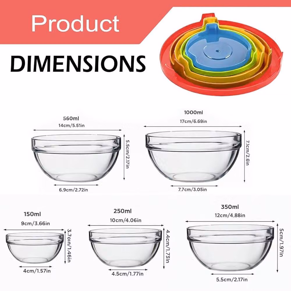 ATEK 5 Piece Airtight Glass Food Storage Container and Mixing Bowl Set with Lids, Stackable and Nestable, Multicolour and Transparent – 2