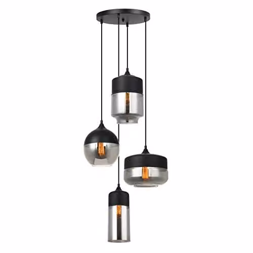Netlighting Modern 4-Light Suspended Pendant Light with Black and Smoky Glass Shades, Dimmable, E27
