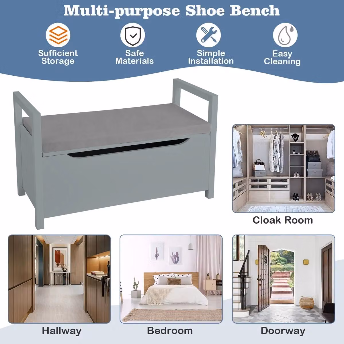 Costway 2-in-1 Wooden Shoe Storage Cabinet and Changing Bench with Padded Seat in Grey – 3