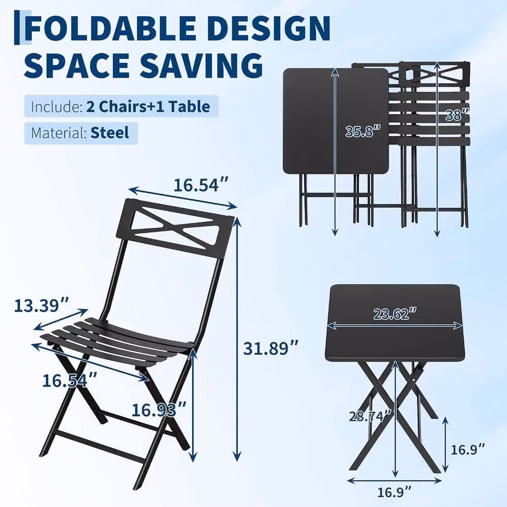 London Boutique 3-Piece Folding Bistro Table and Chairs Patio Furniture Set in Black Steel – 3