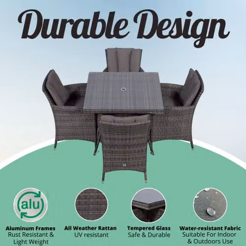Giardino Savannah 4 Seater Rattan Garden Dining Set with Table, Chairs, Parasol and Cover in Grey and Brown with Aluminium Frame, W/D/H: 90 x 90 x 74 cm – 3