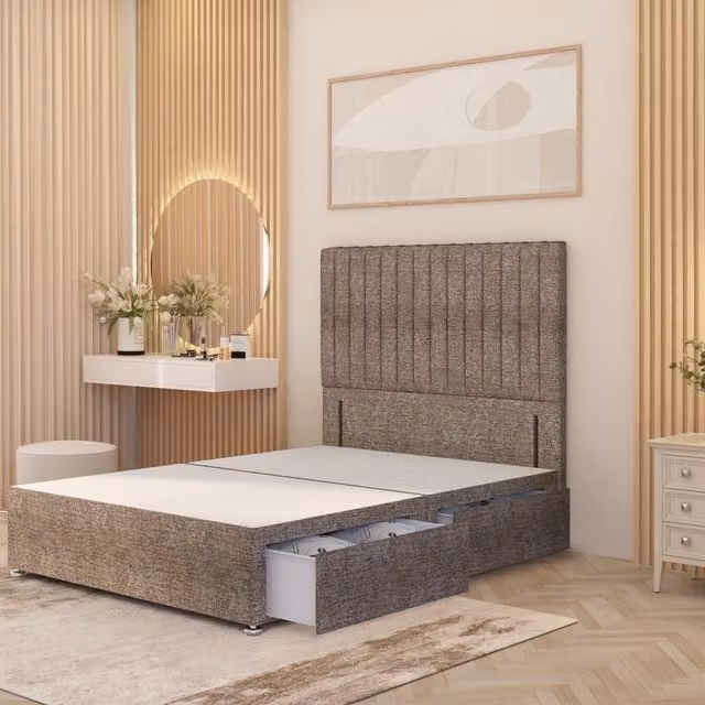 Somnior Beds Ltd Verona Divan Bed Base with 54 inch Floor Standing Headboard in Brown Tweed Fabric, Double, W: 140 cm, D: 200 cm