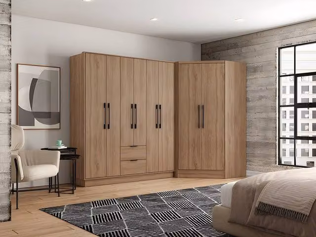 Vente-unique 8-Door Corner Wardrobe with 2 Drawers in Natural Light Oak, W: 263.5 cm, H: 182 cm, D: 60 cm – 1