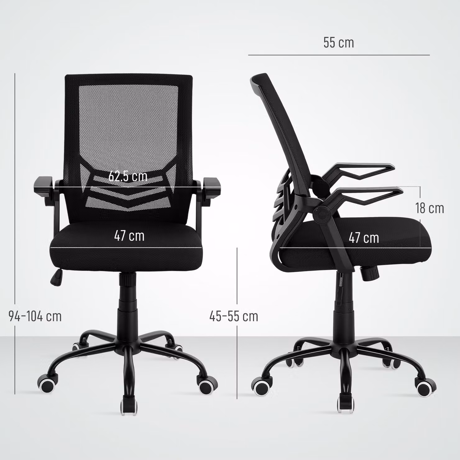 Vinsetto Mesh Office Task Chair with Flip-up Armrests and Lumbar Support in Black – 3