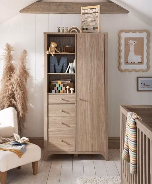 Mamas & Papas Barton Wardrobe in Brown Oak with Soft Close Doors and Internal Drawers, W/D/H: 172.6 x 52.8 x 87.2 cm