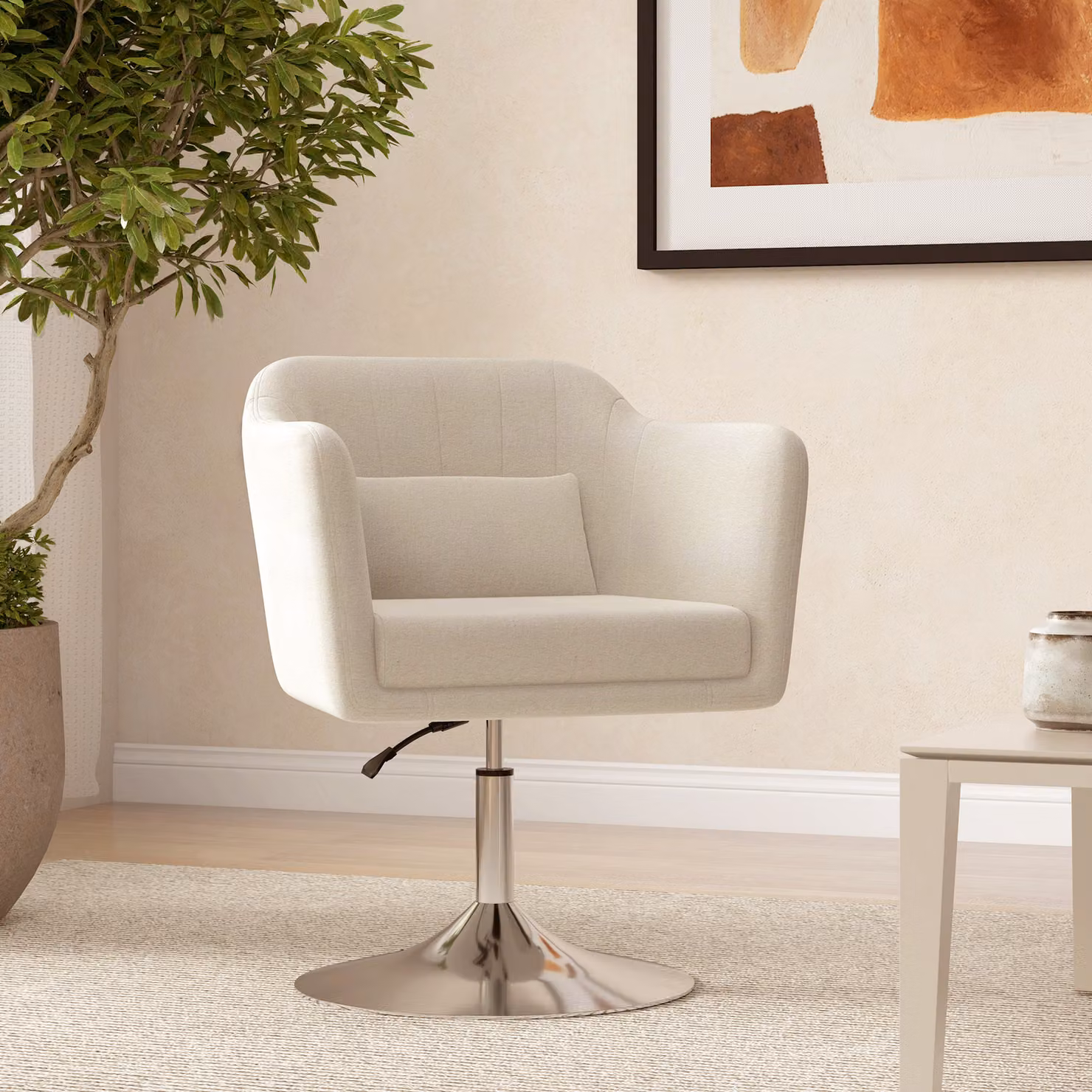 HOMCOM Modern Swivel Accent Chair with Adjustable Height and Pillow in Cream White – 2
