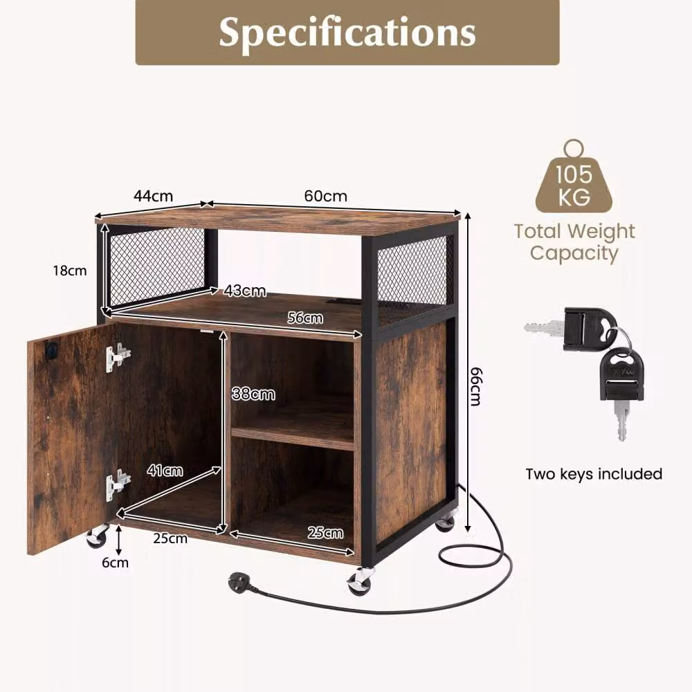 Costway Mobile Lateral Filing Cabinet with Charging Station in Brown – 2