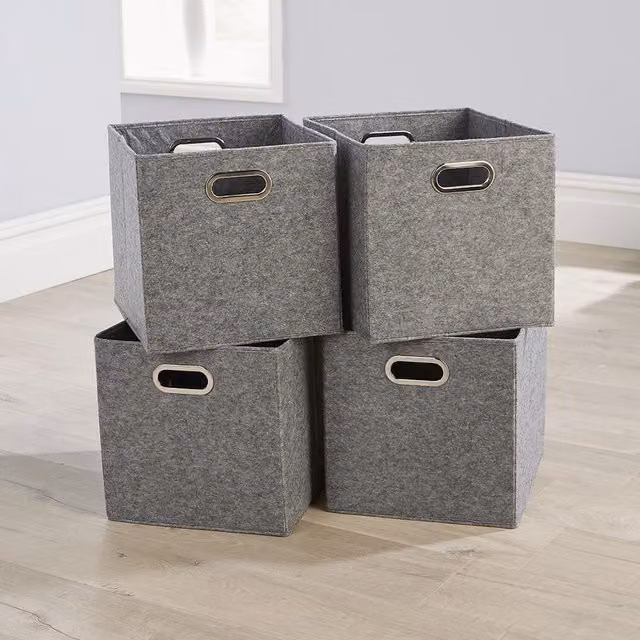 Home Source Pack of 4 Large Grey Fabric Cube Storage Insert Boxes with Handles