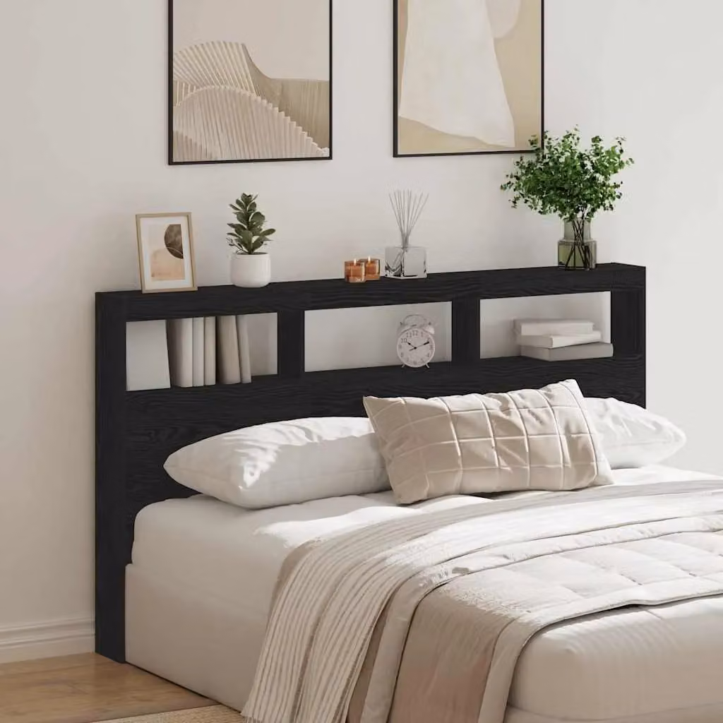 Berkfield Home Modern Black Oak Headboard Cabinet with LED Lighting and USB Charging Port, W/D/H: 180 x 17 x 102 cm – 3